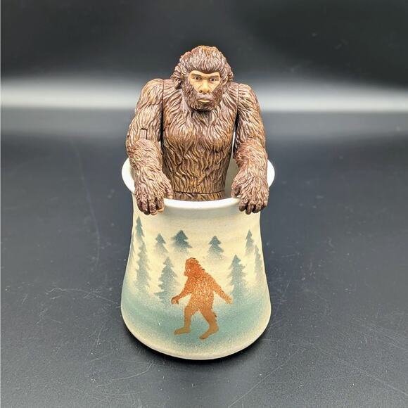 Morning with Bigfoot – Landsoe Pottery Mug & Archie McPhee Sasquatch Figure Set - Picture 1 of 9